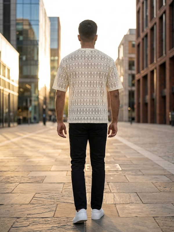 Aesthetic Knit Crochet Textured T-Shirt – Cream / Off-White