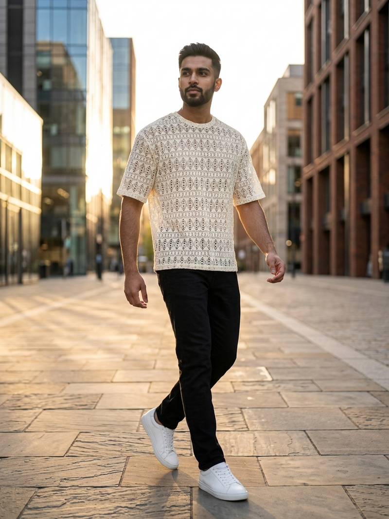 Aesthetic Knit Crochet Textured T-Shirt – Cream / Off-White