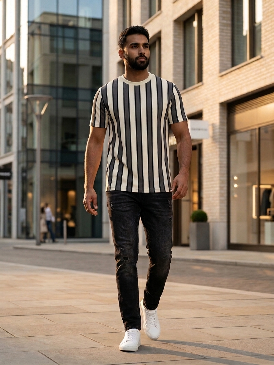 Retro Vertical Striped Casual T-Shirt – Off-White & Slate Gray