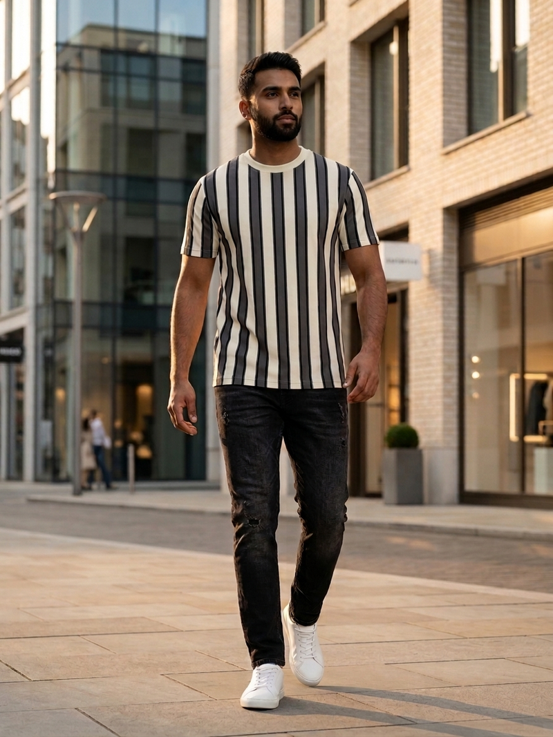 Retro Vertical Striped Casual T-Shirt – Off-White & Slate Gray