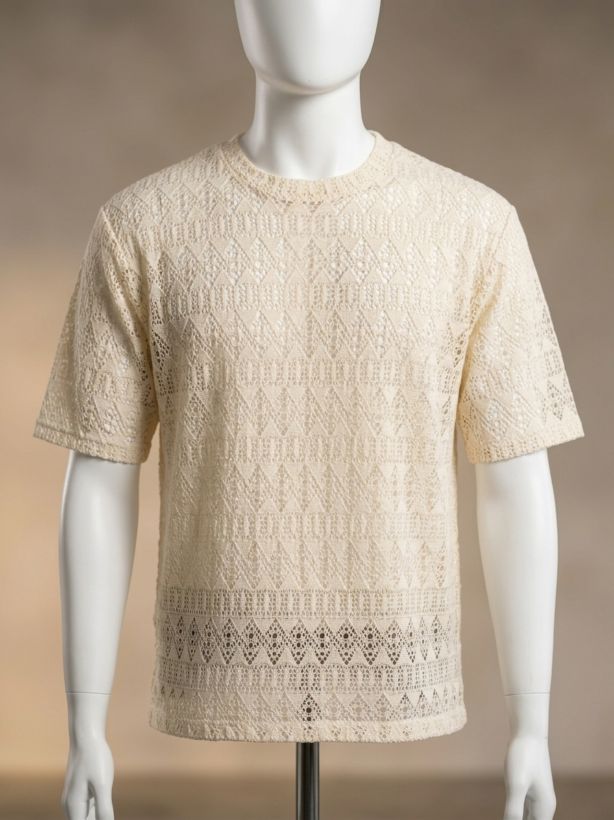 Aesthetic Knit Crochet Textured T-Shirt – Cream / Off-White