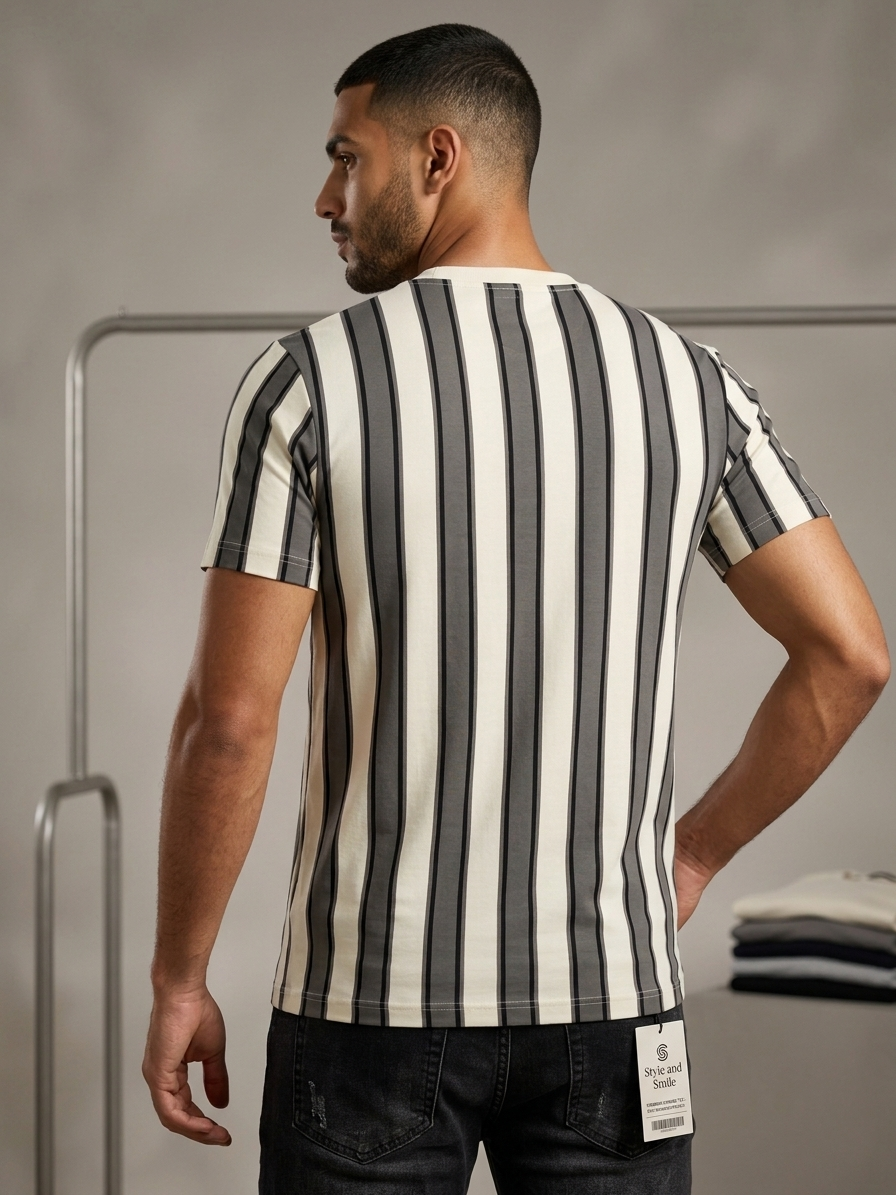 Retro Vertical Striped Casual T-Shirt – Off-White & Slate Gray