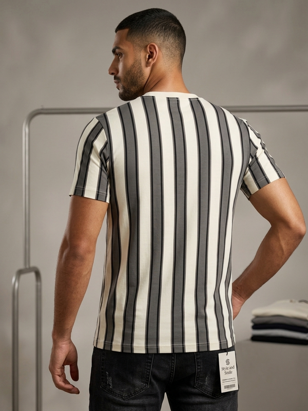 Retro Vertical Striped Casual T-Shirt – Off-White & Slate Gray