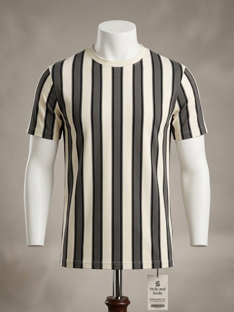 Retro Vertical Striped Casual T-Shirt – Off-White & Slate Gray