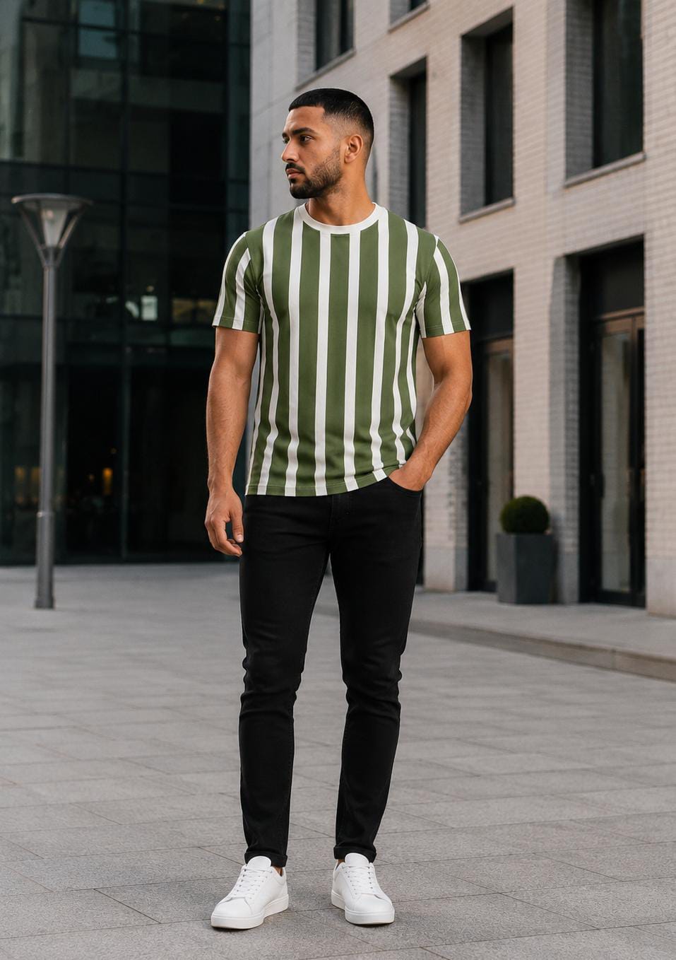 Retro Vertical Striped Casual T-Shirt – Off-White & Slate Gray